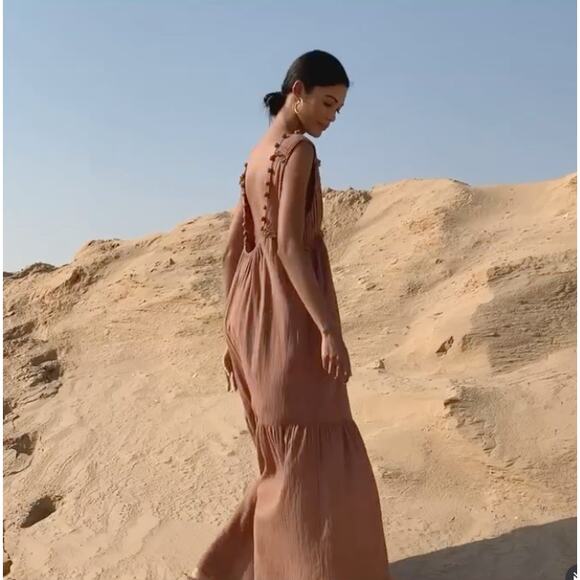 SCARLETT POPPIES Pom Pom Cotton Gauze Maxi Dress Clay Tan Sz M {D16} - Picture 2 of 8